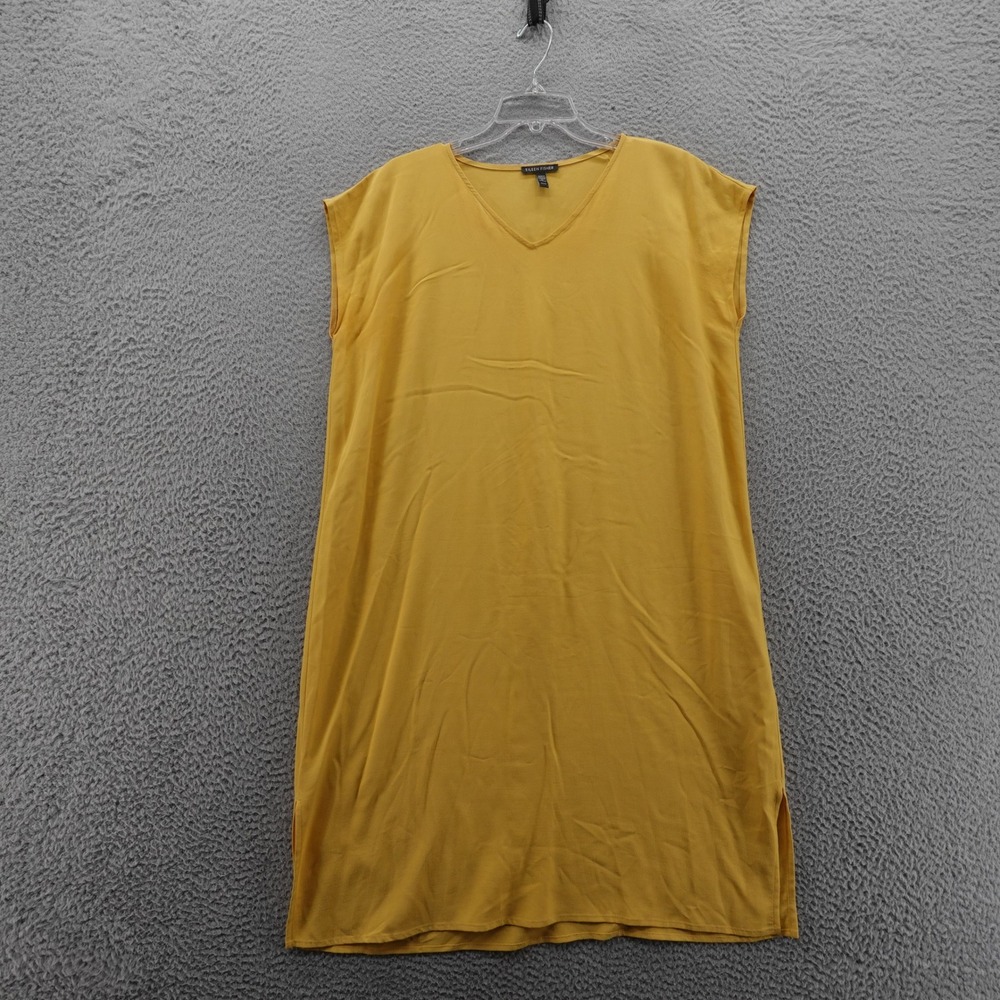 Eileen Fisher V Neck Crepe Tee Dress XS Yellow Womens Side Slits‎ Relaxed Tencel
